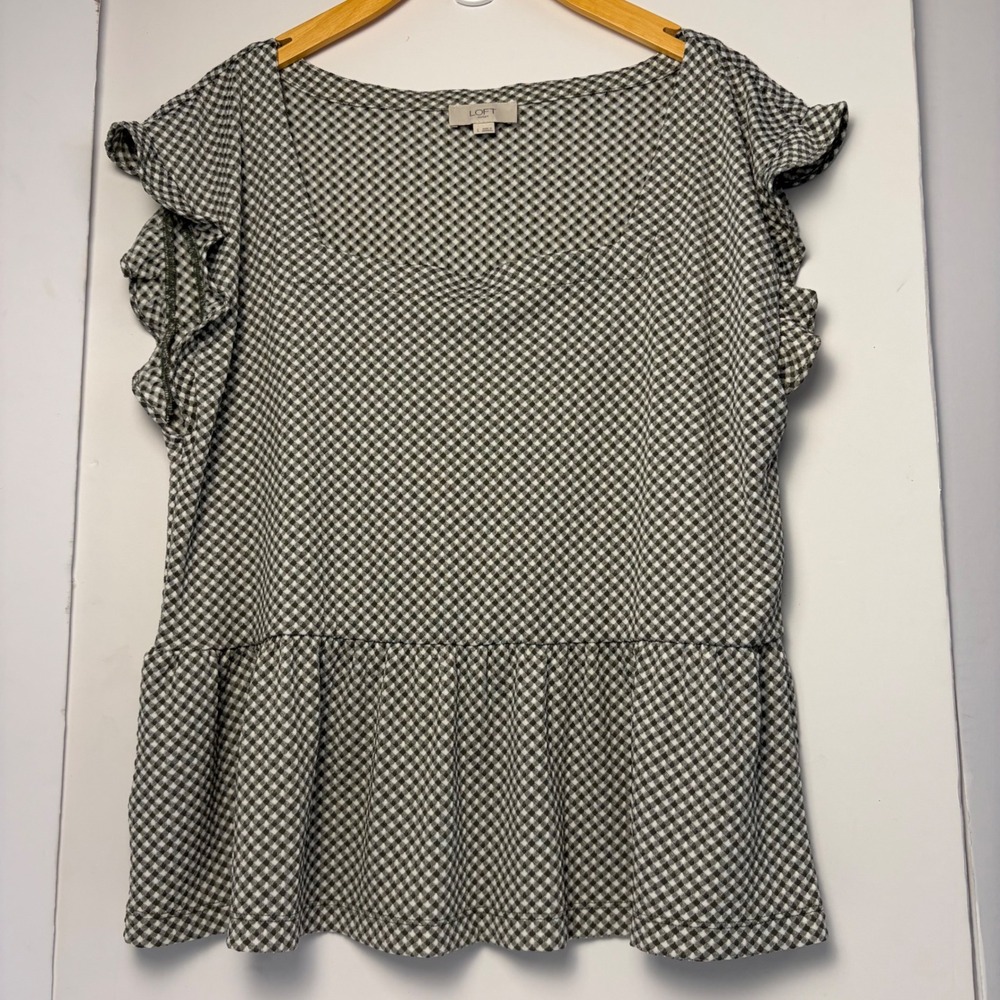 Loft Outlet Womens Gingham‎ Flutter Sleeve Peplum Top Black White Large 794746